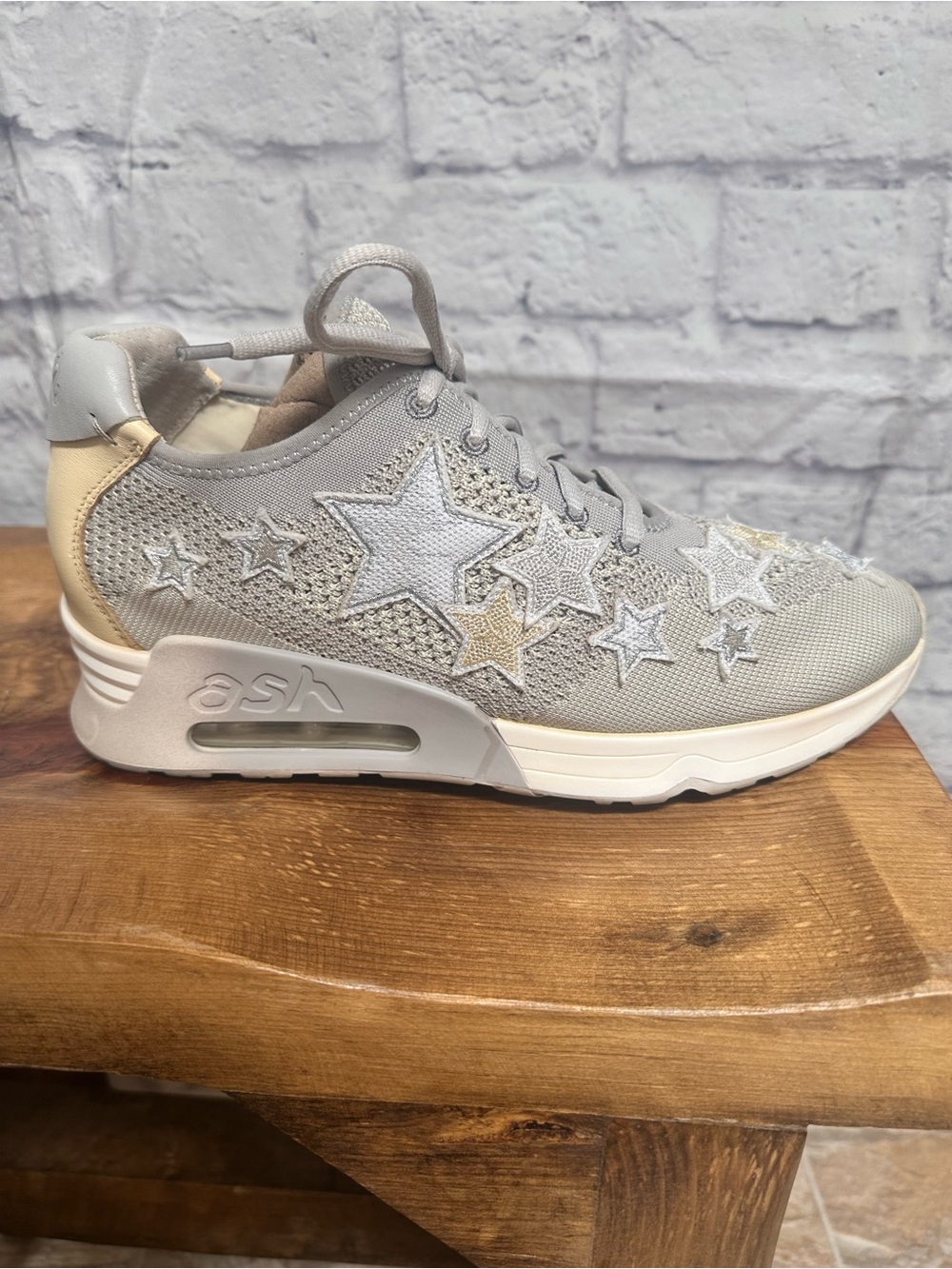 ASH Gray Mesh Lucky Star Embellished Sneaker with Cream Heel EU 41 US 10